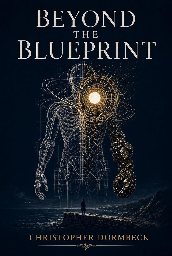 Cover of Beyond the Blueprint by Christopher Dormbeck. A glowing golden blueprint of a human figure, half fine wireframe and half tangled gold circuitry around a bright sun, towers over a lone person standing on a sea wall at night.